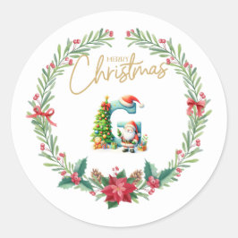 Monogram brev G, julfransar med Jultomten Runt Klistermärke