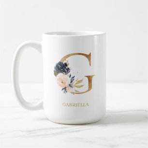 Monogram Brev ’G’-Personlig för marin  Blommi Kaffemugg