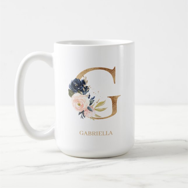 Monogram Brev ’G’-Personlig för marin  Blommigt Kaffemugg (Vänster)