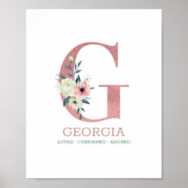 Monogram Brev G Rosa Watercolor Blommigt Nursery Poster