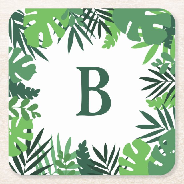 Monogram brev grönt tropiska handflatan löv ram underlägg papper kvadrat (Framsidan)