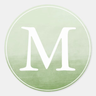 Monogram Brev Grönt Watercolor Ombre Runt Klistermärke