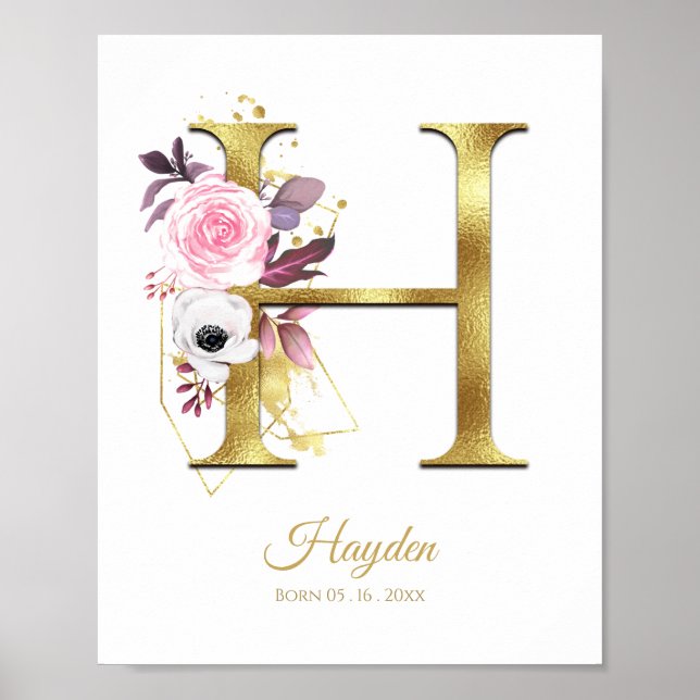 Monogram Brev H Gold Foil & Rosa Blommigt Nursery Poster (Framsidan)