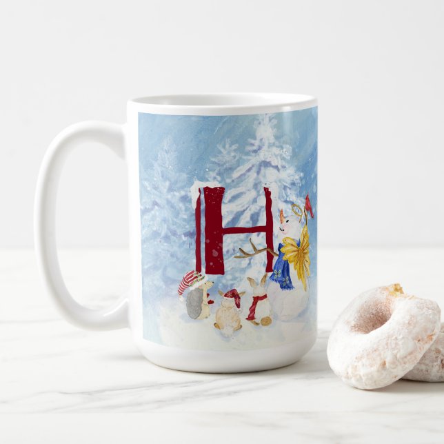 Monogram Brev H Winter Träd jul Snögubbe Kaffemugg (Med munk)