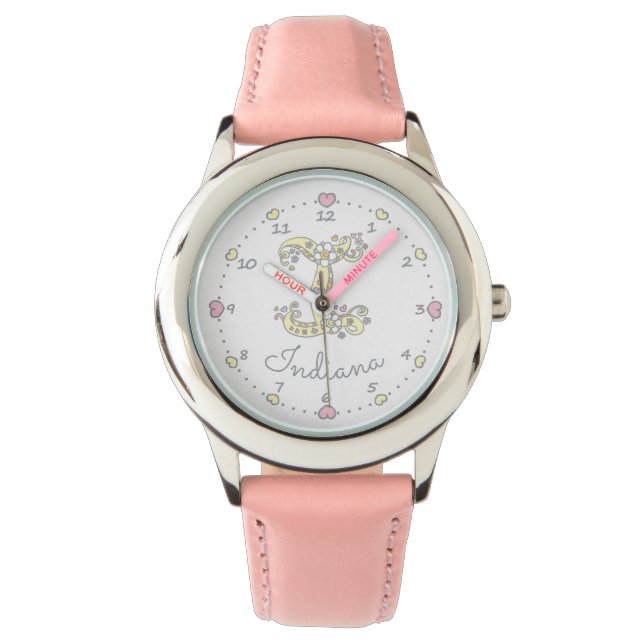 Monogram brev I doodle hjärtart namn Indiana Armbandsur (Framsida)