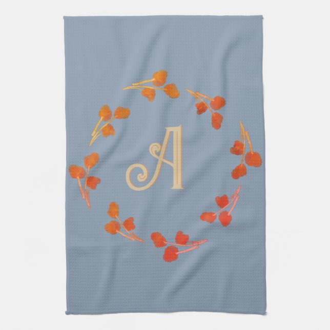 Monogram Brev Initial Dusty Blue Retro Berry Kökshandduk (Vertikal)