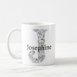 Monogram Brev J Black White Botanical Blommigt Kaffemugg