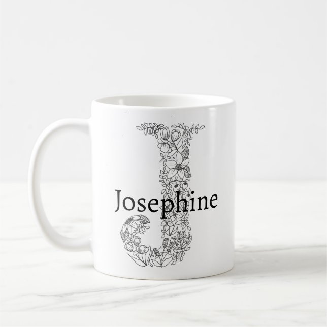 Monogram Brev J Black White Botanical Blommigt Kaffemugg (Vänster)