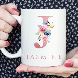 Monogram Brev J Blommigt Watercolor Coffee Mugg
