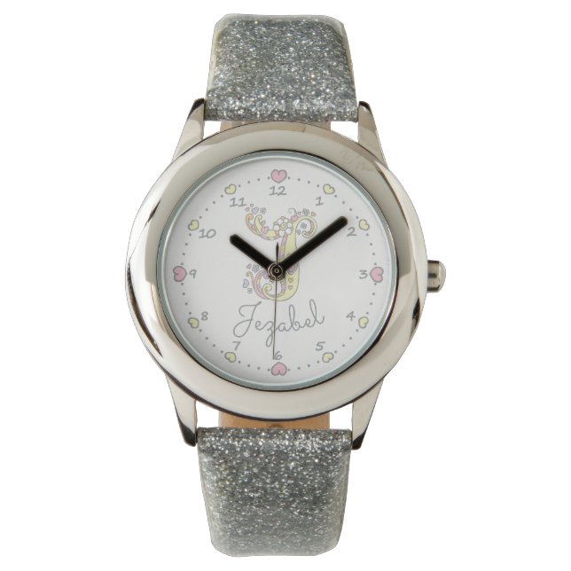 Monogram brev J doodle hjärtart namn Jezabel Armbandsur (Framsida)