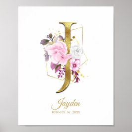 Monogram Brev J Gold Foil & Rosa Blommigt Nursery Poster