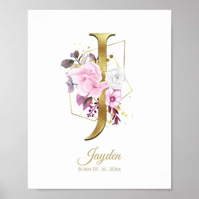 Monogram Brev J Gold Foil & Rosa Blommigt Nursery Poster (Framsidan)