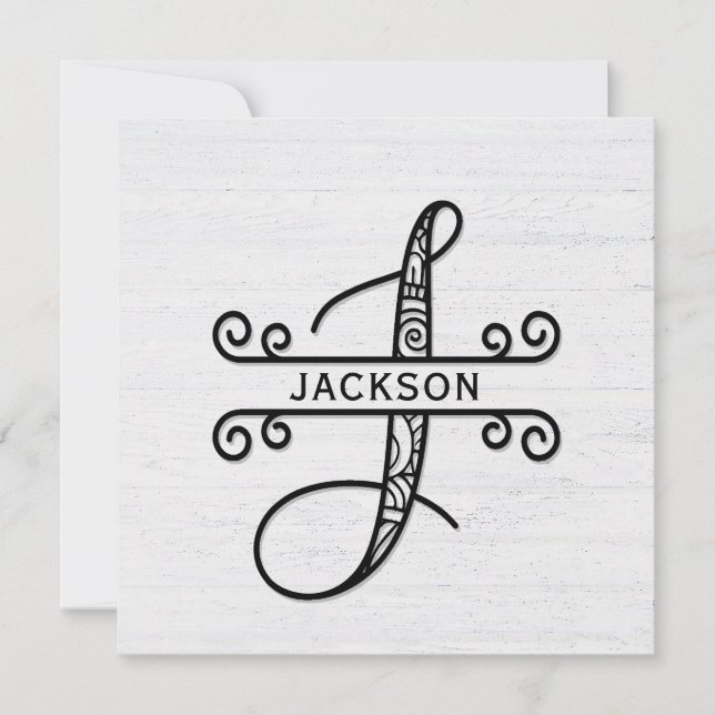 Monogram Brev J med Namn-kort för familjen Anteckningskort (Framsida)