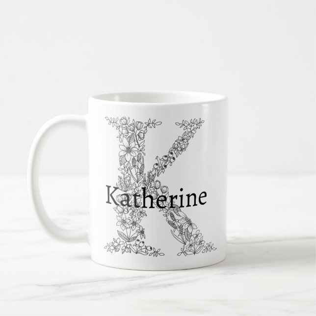 Monogram Brev K Black White Botanical Blommigt Kaffemugg (Vänster)