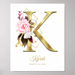 Monogram Brev K Gold Foil & Rosa Blommigt Nursery Poster