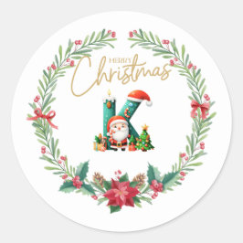 Monogram brev K, julfransar med Jultomten Runt Klistermärke