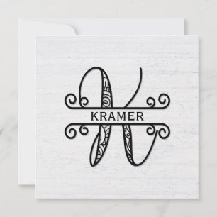 Monogram Brev K med Familj Namn Anteckningskort