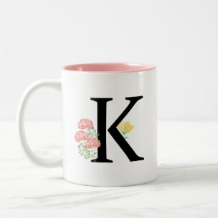 Monogram Brev K Watercolor Ro Blommigt Spray Två-Tonad Mugg