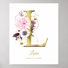 Monogram Brev L Guld Foil & Rosa Blommigt Nursery Poster