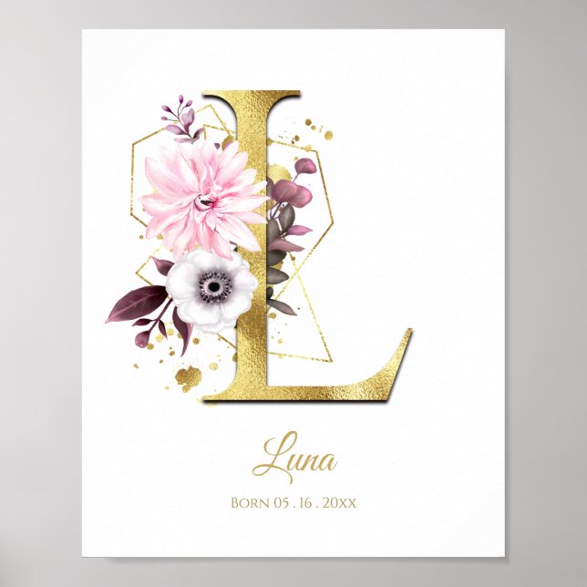 Monogram Brev L Guld Foil & Rosa Blommigt Nursery Poster (Framsidan)