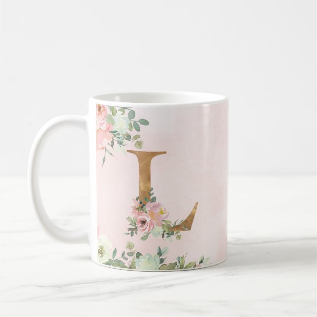 Monogram Brev L Watercolor Blommigt Coffee Mugg (Vänster)