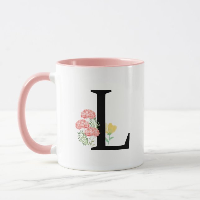 Monogram Brev L Watercolor Ro Blommigt Spray Mugg (Vänster)