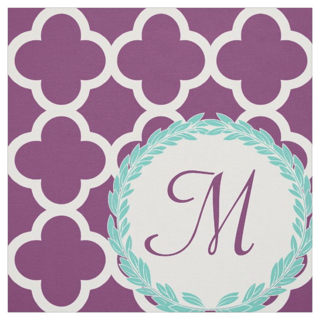 Monogram Brev Lila Teal Laurel Quatrefoil Tyg (Provkarta)