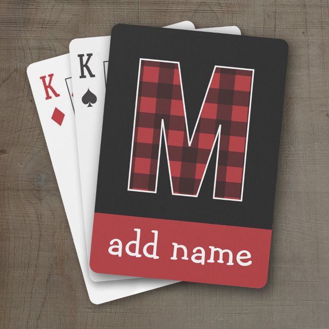 Monogram Brev M - Black and Red Buffalo Play Kortlek (Personalized Playing Cards - Large Monogram)