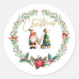 Monogram brev M, julfransar med Jultomten Runt Klistermärke