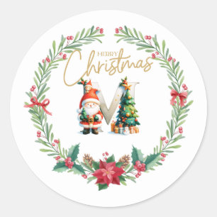 Monogram brev M, julfransar med Jultomten Runt Klistermärke