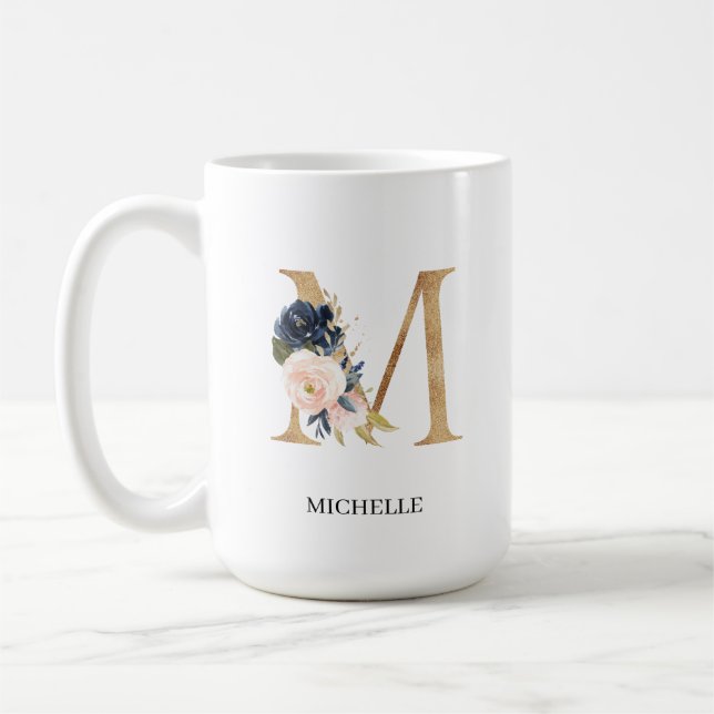 Monogram Brev "M"-Personlig för marin  Blommigt Kaffemugg (Vänster)