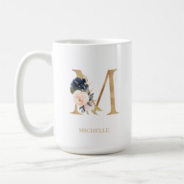Monogram Brev "M"-Personlig för marin  Blommigt Kaffemugg (Vänster)