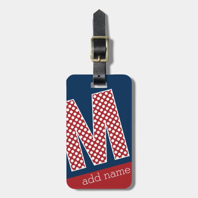 Monogram Brev M - Röda och vita Polka dots Bagagebricka (Vertikal Framsida)