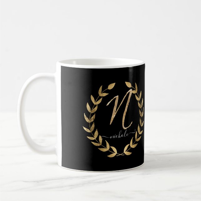 Monogram Brev N Black i Guld-skript Namn Kaffemugg (Vänster)