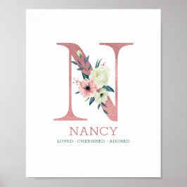 Monogram Brev N Rosa Watercolor Blommigt Nursery Poster