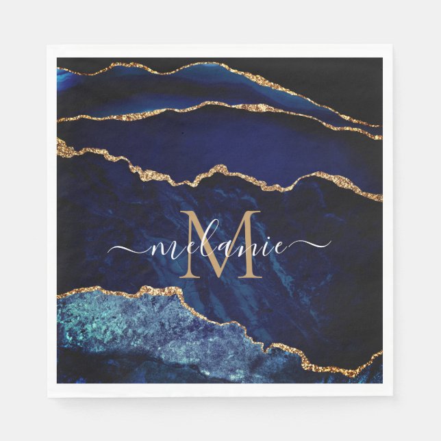 Monogram Brev Namn Agate Navy Blue Guld Napkins Pappersservett (Framsidan)