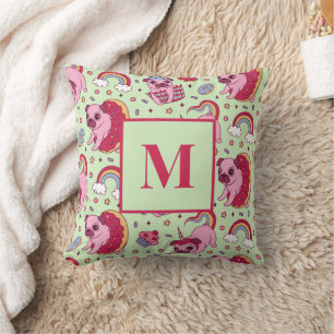 Monogram Brev Pug Donut Cupkaka Cute Hund Mönster Kudde