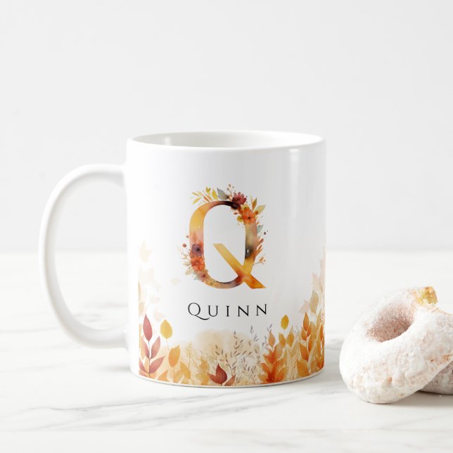 Monogram Brev Q Höst löv Initial Kaffemugg (Med munk)