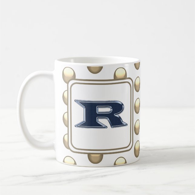 Monogram Brev R Polka Punkt Bold Blue - Inledande Kaffemugg (Vänster)