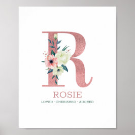 Monogram Brev R Rosa Watercolor Blommigt Nursery Poster