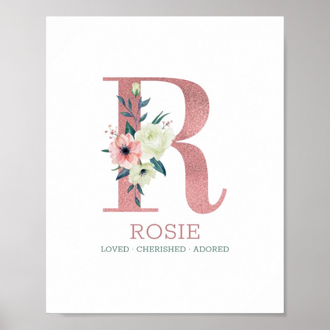 Monogram Brev R Rosa Watercolor Blommigt Nursery Poster (Framsidan)