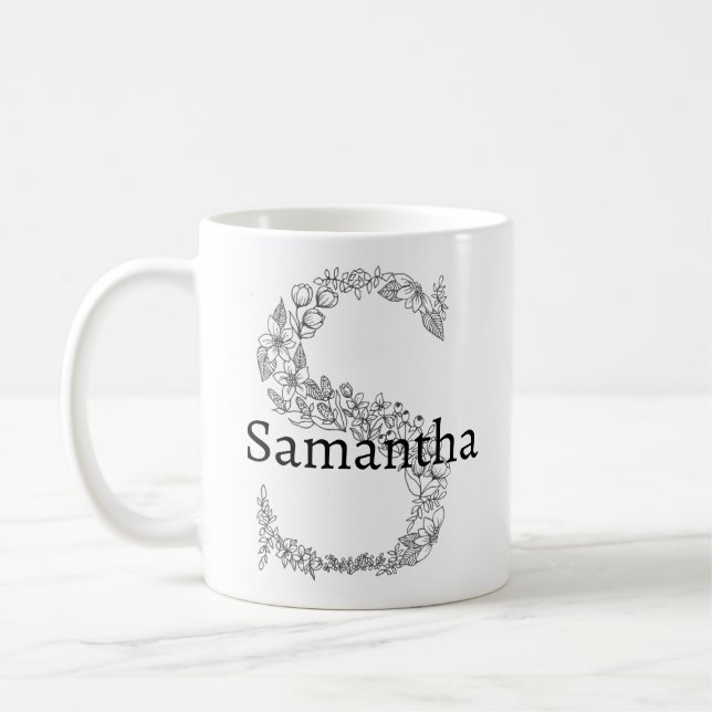 Monogram Brev S Black White Botanical Blommigt Kaffemugg (Vänster)