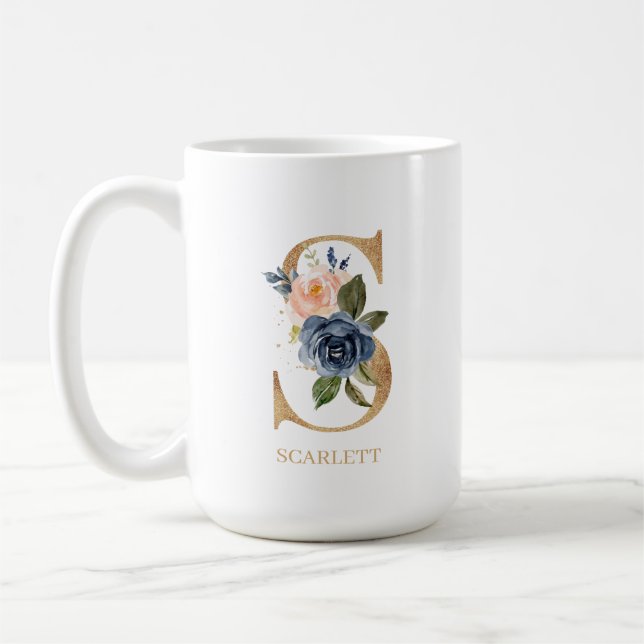 Monogram Brev ’S’-Personlig för marin  Blommigt Kaffemugg (Vänster)