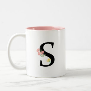 Monogram Brev S vattenfärgblommor rosa bouquet Två-Tonad Mugg