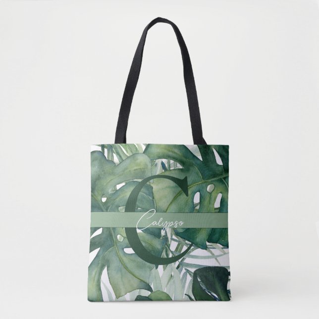 Monogram Brev Tropical Lövs Monstera Greenery Tygkasse (Framsida)