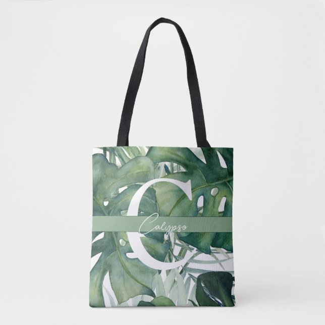 Monogram Brev Tropical Lövs Monstera Greenery Tygkasse (Framsida)