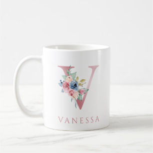 Monogram Brev V Blommigt Vattenfärgskaffe Mugg