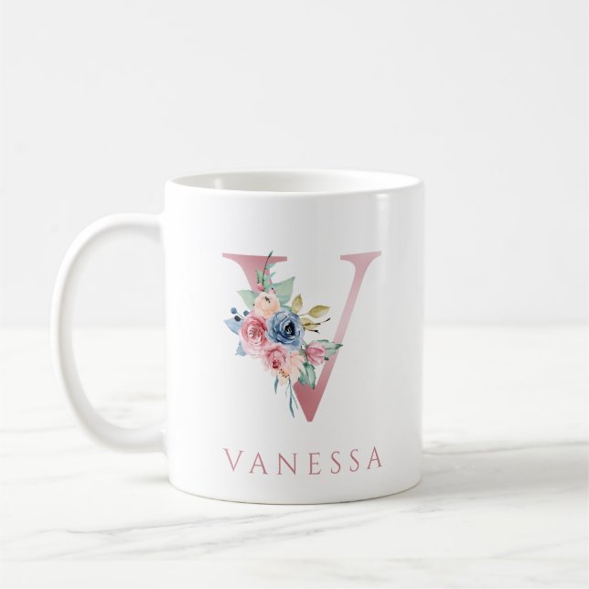 Monogram Brev V Blommigt Vattenfärgskaffe Mugg (Vänster)
