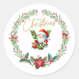 Monogram brev V, julfransar med Jultomten Runt Klistermärke