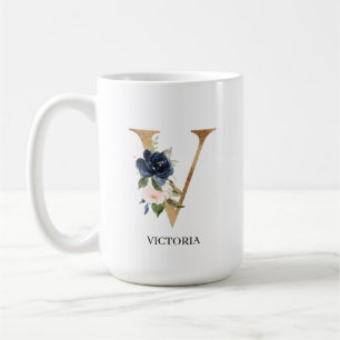 Monogram Brev ’V’-Personlig för marin Blommi Kaffemugg